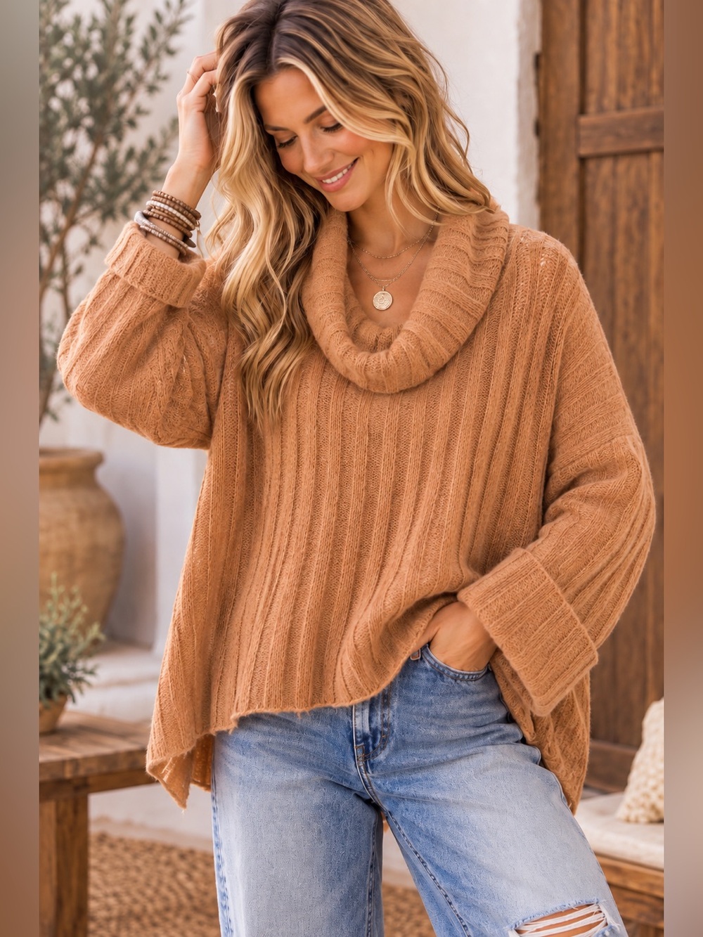 HYFVE Oversized Cowl Neck Ribbed Boho Sweater Size Small